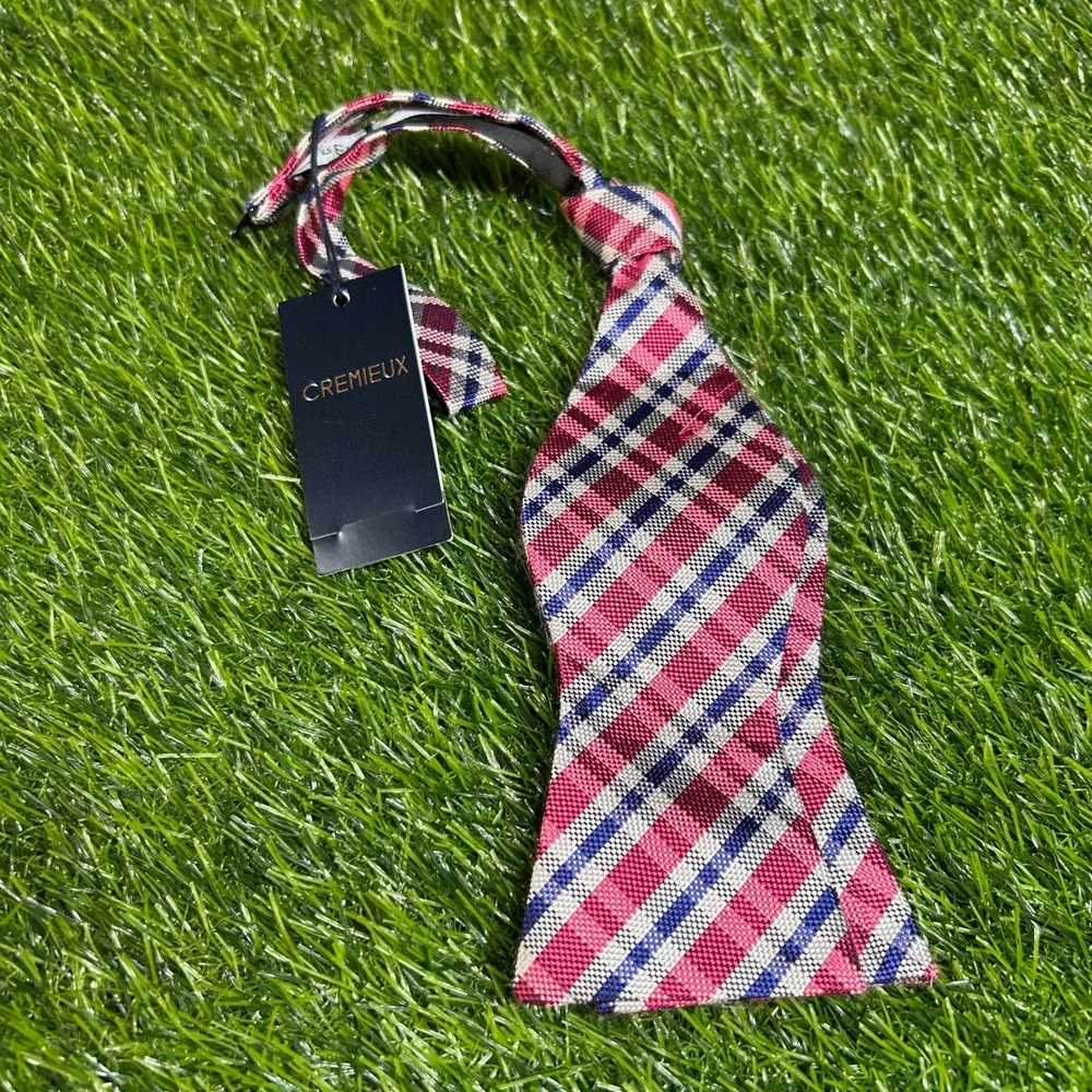 Cremieux Bow Tie Pink Blue Plaid Silk Self Tie Adjustable Neck Formal‎ Mens NWT